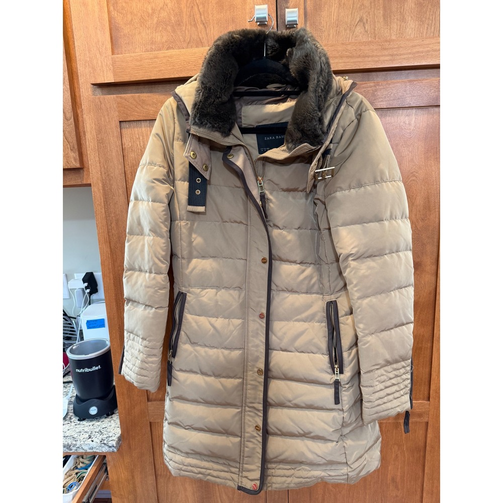 Zara Basic Womens Tan Khaki Puffer Coat Faux Fur Collar Hooded Jacket XL